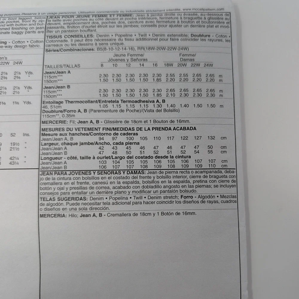 McCalls M5894 Palmer Pletsch The Perfect Jean‎ Sewing Pattern Size 18W-24W RR